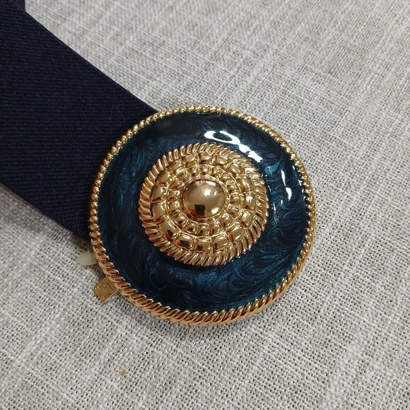 Vintage Bill Blass Round Medallion Elastic Stretch Belt 1990's Navy Blue Gold - Picture 6 of 6